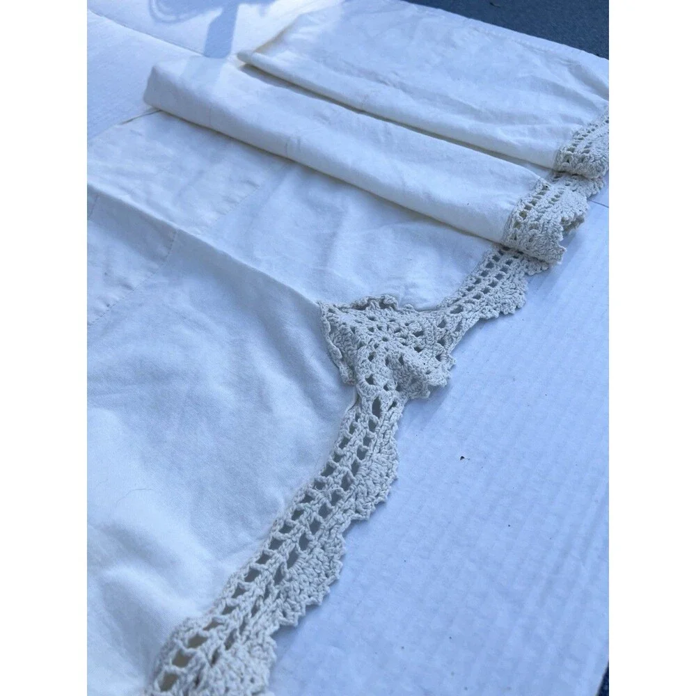 Vintage Handmade Cotton Café Curtain Panel w/ Hand Crochet Lace Trim 56”